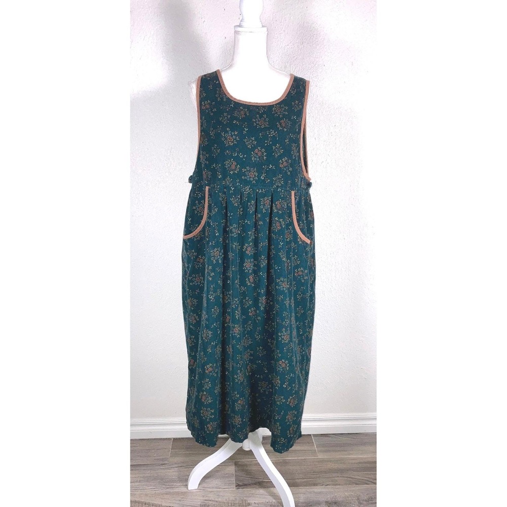 Erika & Co Womens Green Floral Corduroy Jumper Dress Cottagecore Sleeveless L